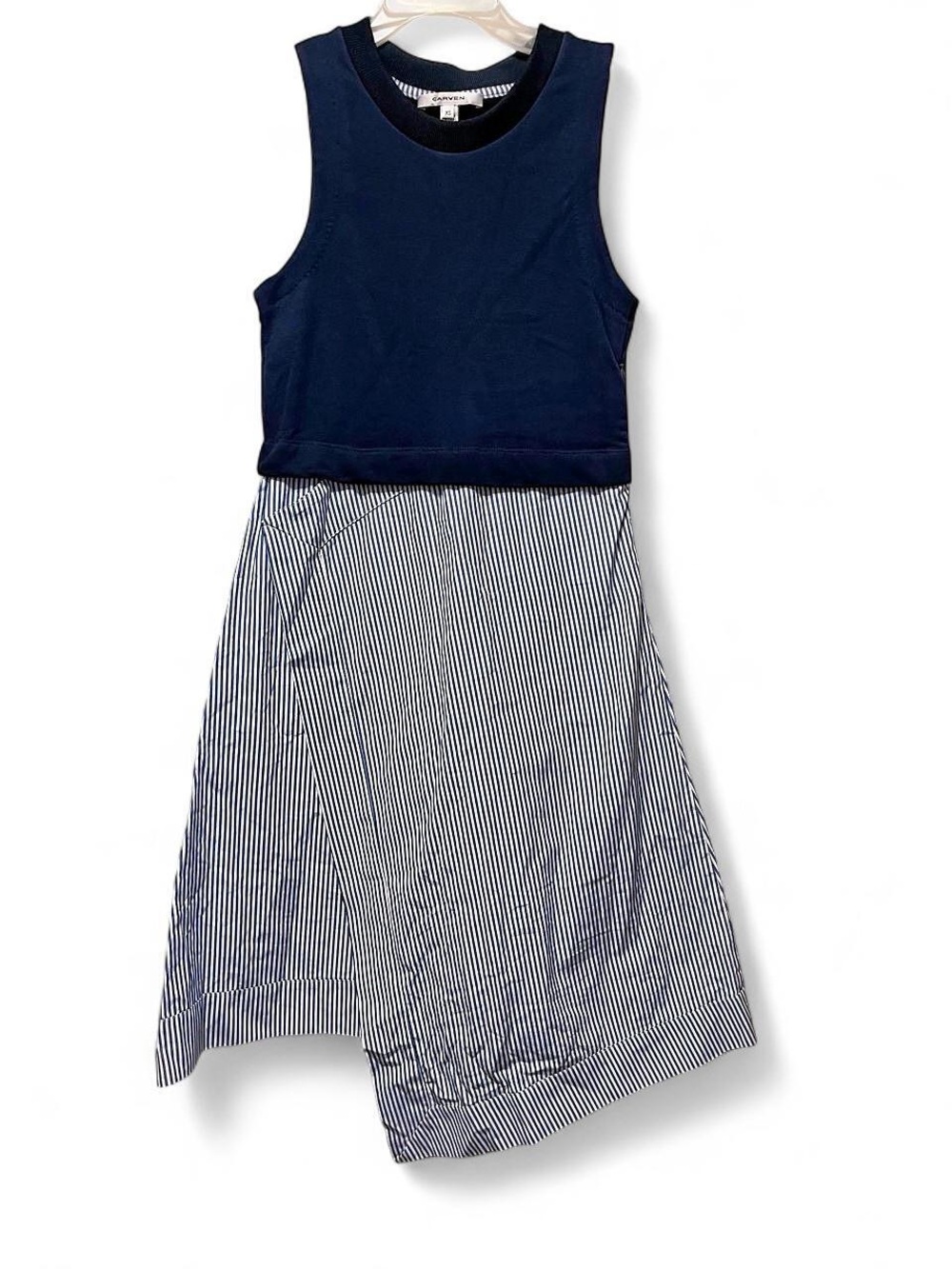 Carven Navy Top with Navy-and-White Striped Asymmetrical Skirt